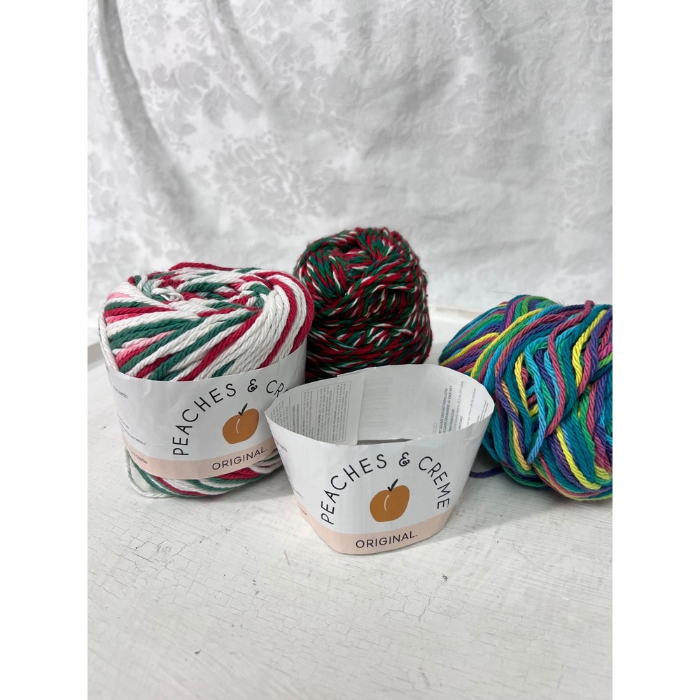 Peaches & Creme Original Cotton Yarn Lot Yuletide Psychedelic Worsted 3 Skeins